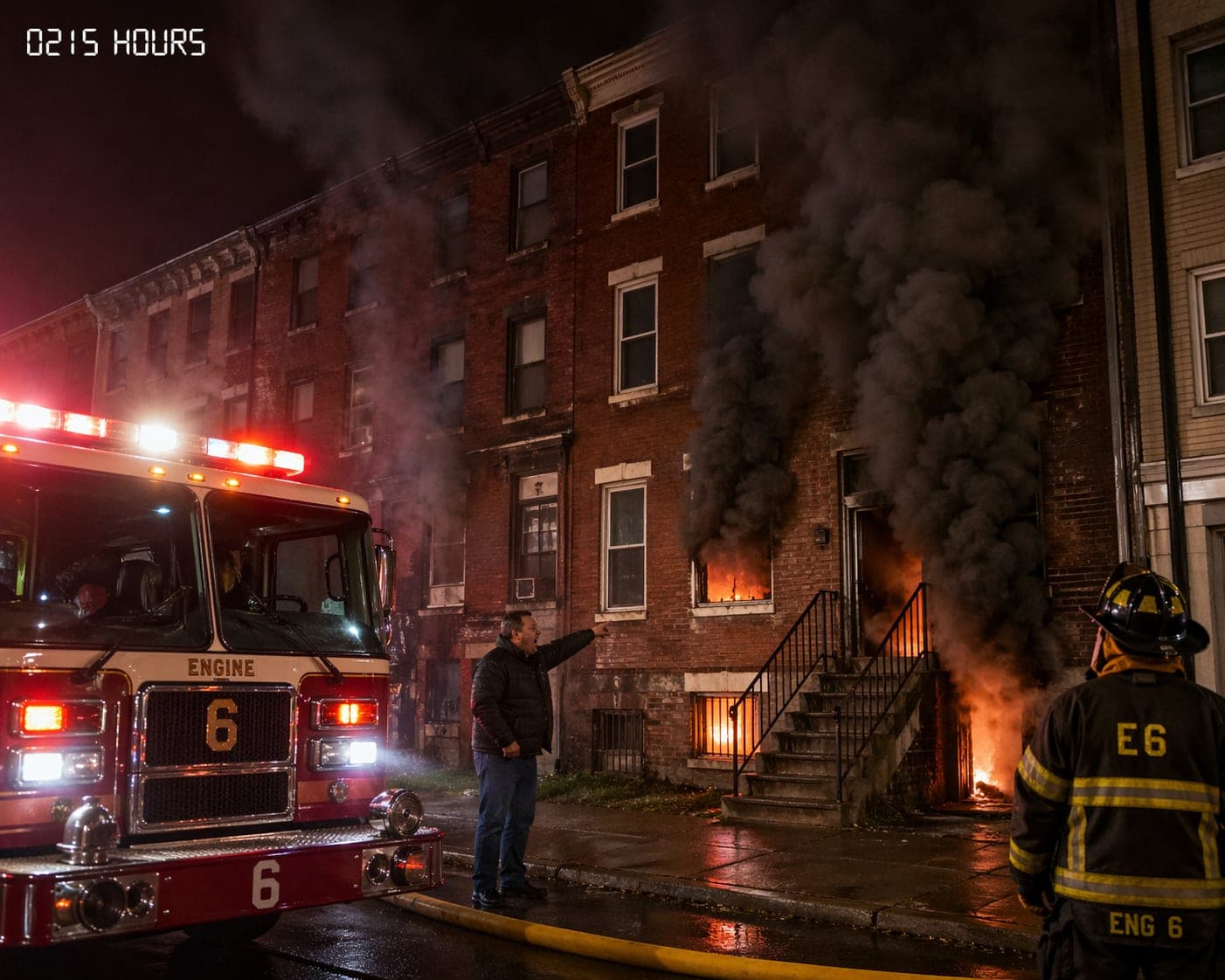 Urban row house basement fire scenario at night